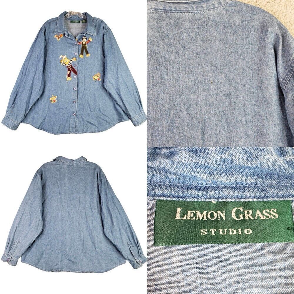 Lemon Grass Vintage Button Down Shirt Denim Chambray 2X LS Cotton Blue Scarecrow